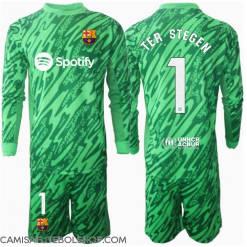 Camisa de time de futebol Barcelona Ter Stegen #1 Goleiro Replicas 2º Equipamento Infantil 2024-25 Manga Comprida (+ Calças curtas)